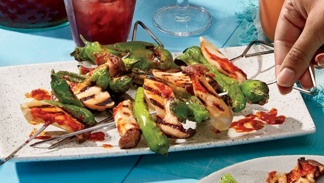 King Oyster Mushroom And Shishito Skewers With Harissa Sauce