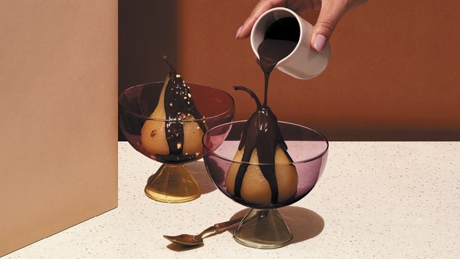 Tequila-Poached Pears with Chili-Chocolate Sauce