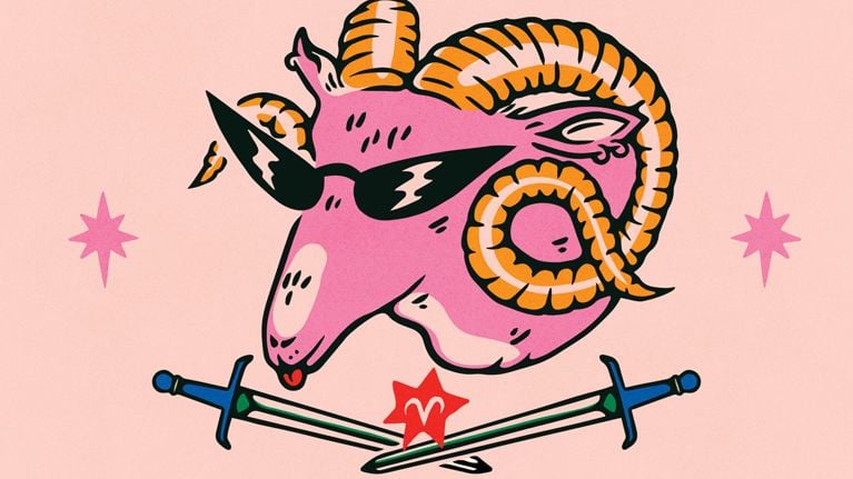 An illustration of a pink ram head wearing sunglasses. The symbol for Aries is shown on a star beneath the ram's head above two crossed swords