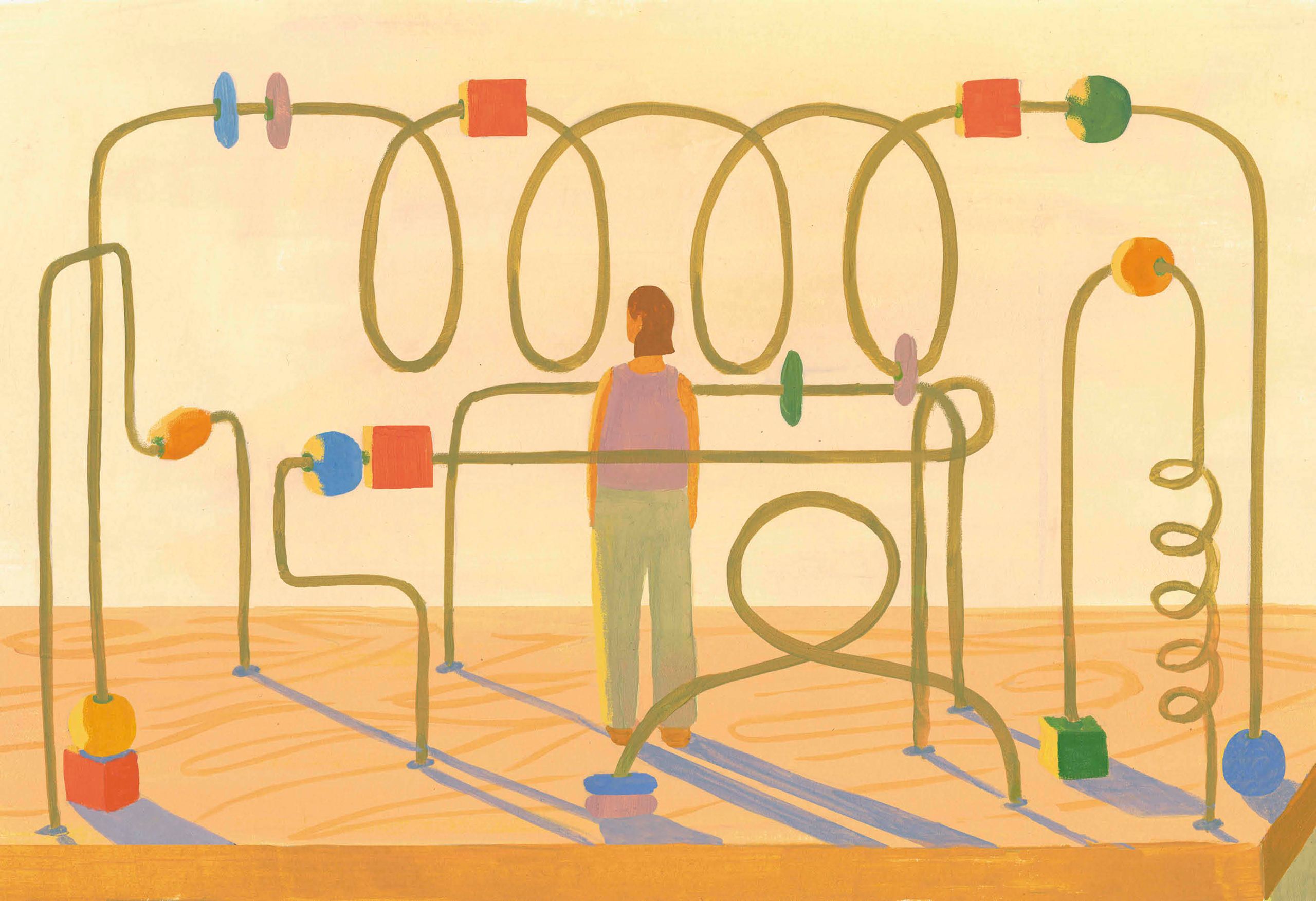 An illustration of a woman facing away surrounded by a larger-than-life wire bead maze on a pale yellow and light brown background