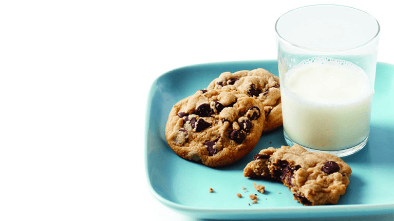 Chocolate chip cookies on a blue plate