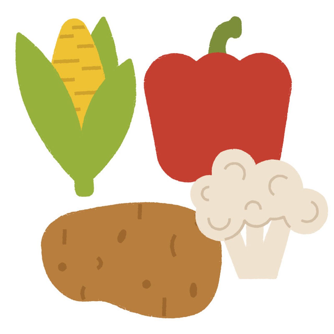 An illustration of an ear of corn, a red bell pepper, a potato and a piece of cauliflower.