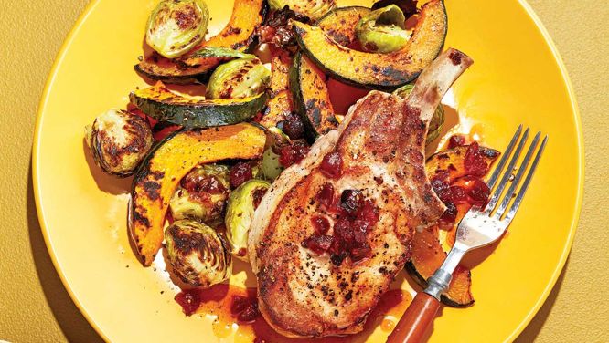 Cherry Pork Chops With Roasted Kabocha Squash And Brussels Sprouts
