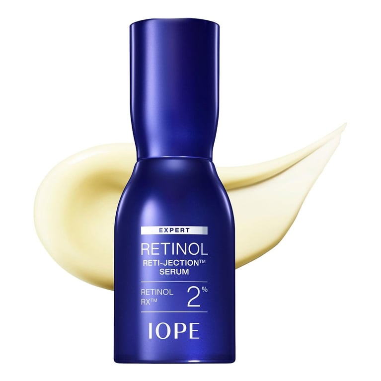 A bottle of IOPE Expert Retinol RX™ 2% Reti-Jection Serum for an article about how to use retinol