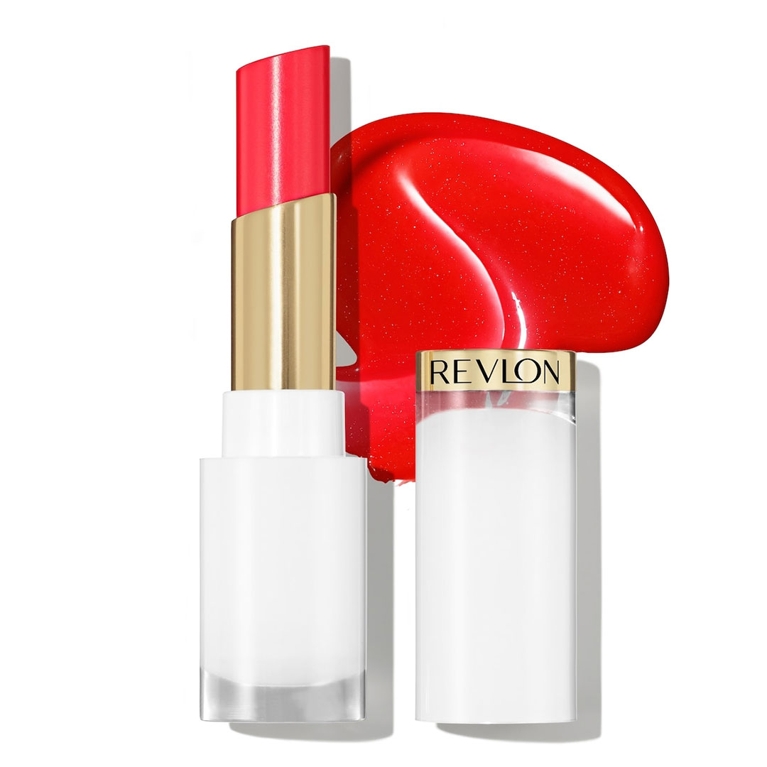 A tube of Revlon Super Lustrous Glass Shine Balm in Cherry Luster for an article about the best red lipsticks for everyone.