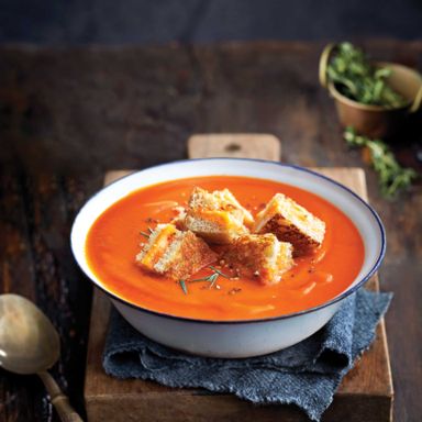 Tomato Soup with Grilled Cheese Croutons