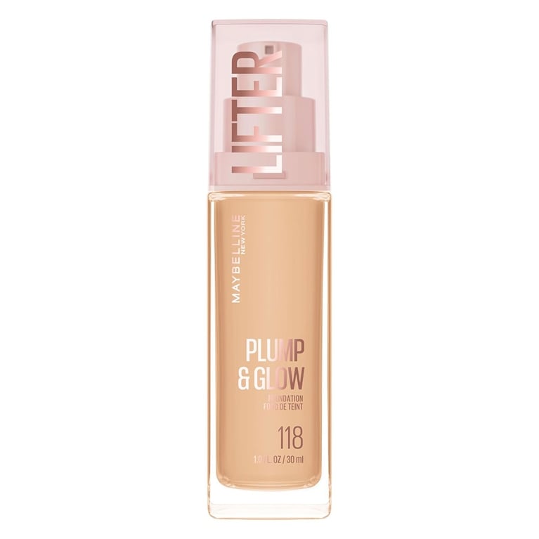 A bottle of Maybelline Plump and Glow Foundation for an article on the best foundations for dry skin.