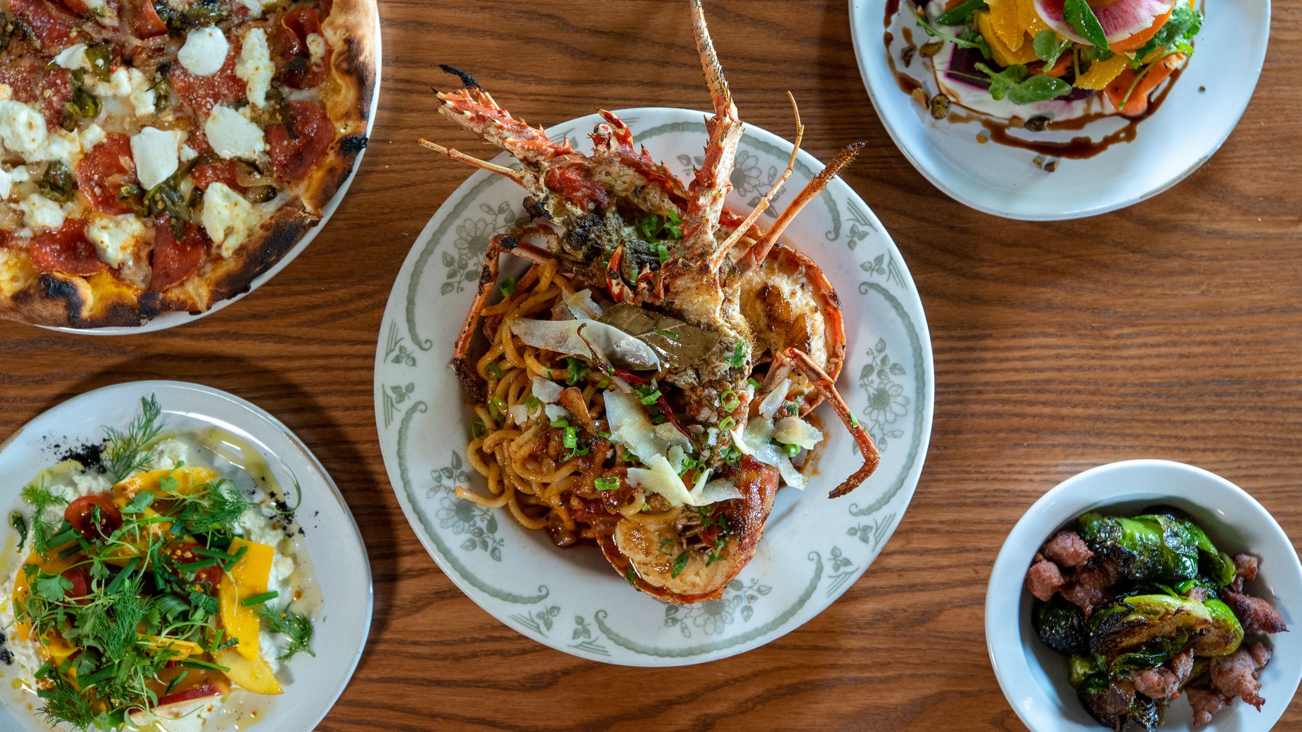 Overhead shot of restaurant dishes