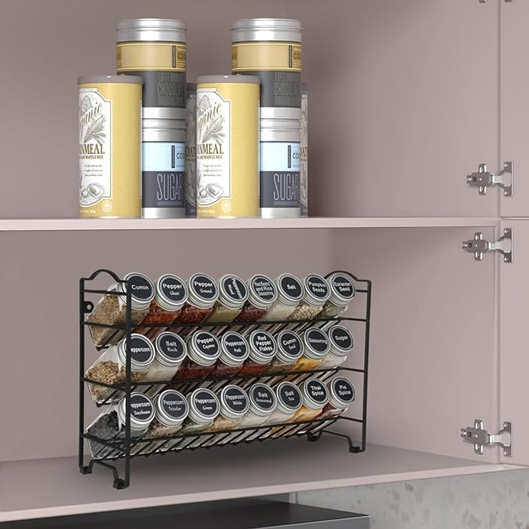 Swommoly 3-tier spice rack used for organizing spices.