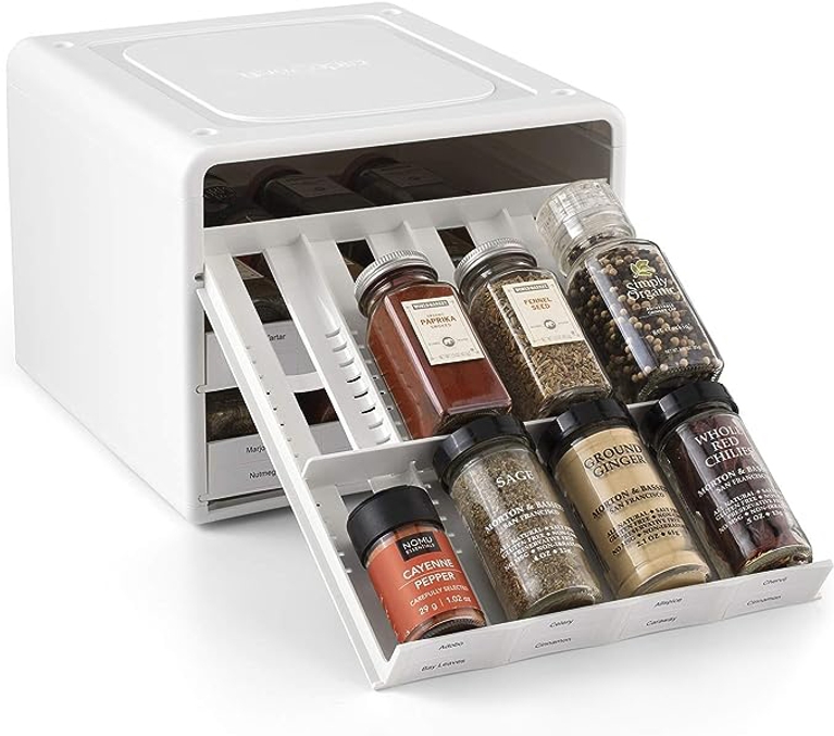 YouCopia adjustable spice rack used for organizing spices.