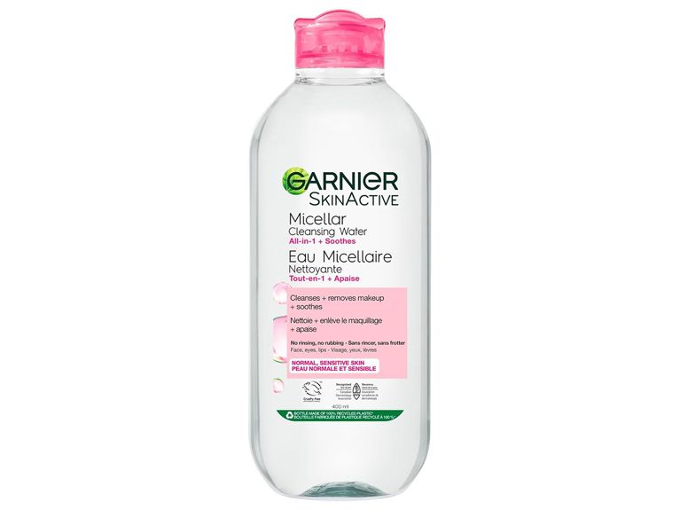 A bottle of Garnier SkinActive Micellar Cleansing Water for an article on the best makeup removers.