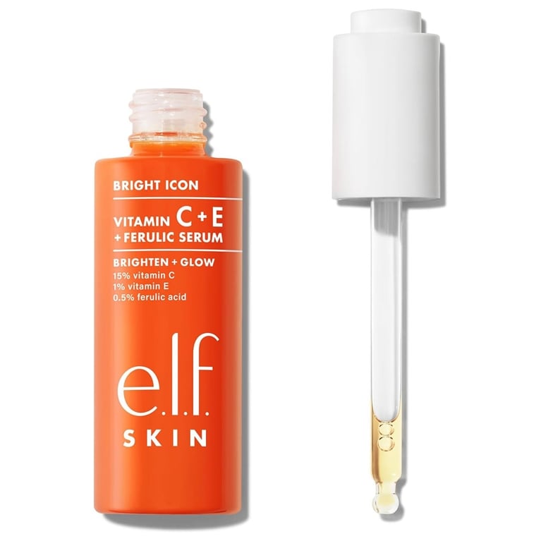 A bottle of E.l.f. Skin Bright Icon Vitamin C + E + Ferulic Serum for an article about vitamin C skincare.