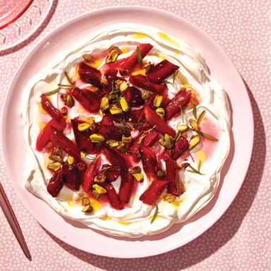 Roasted Vanilla And Rosemary Rhubarb with Sugared Pistachios