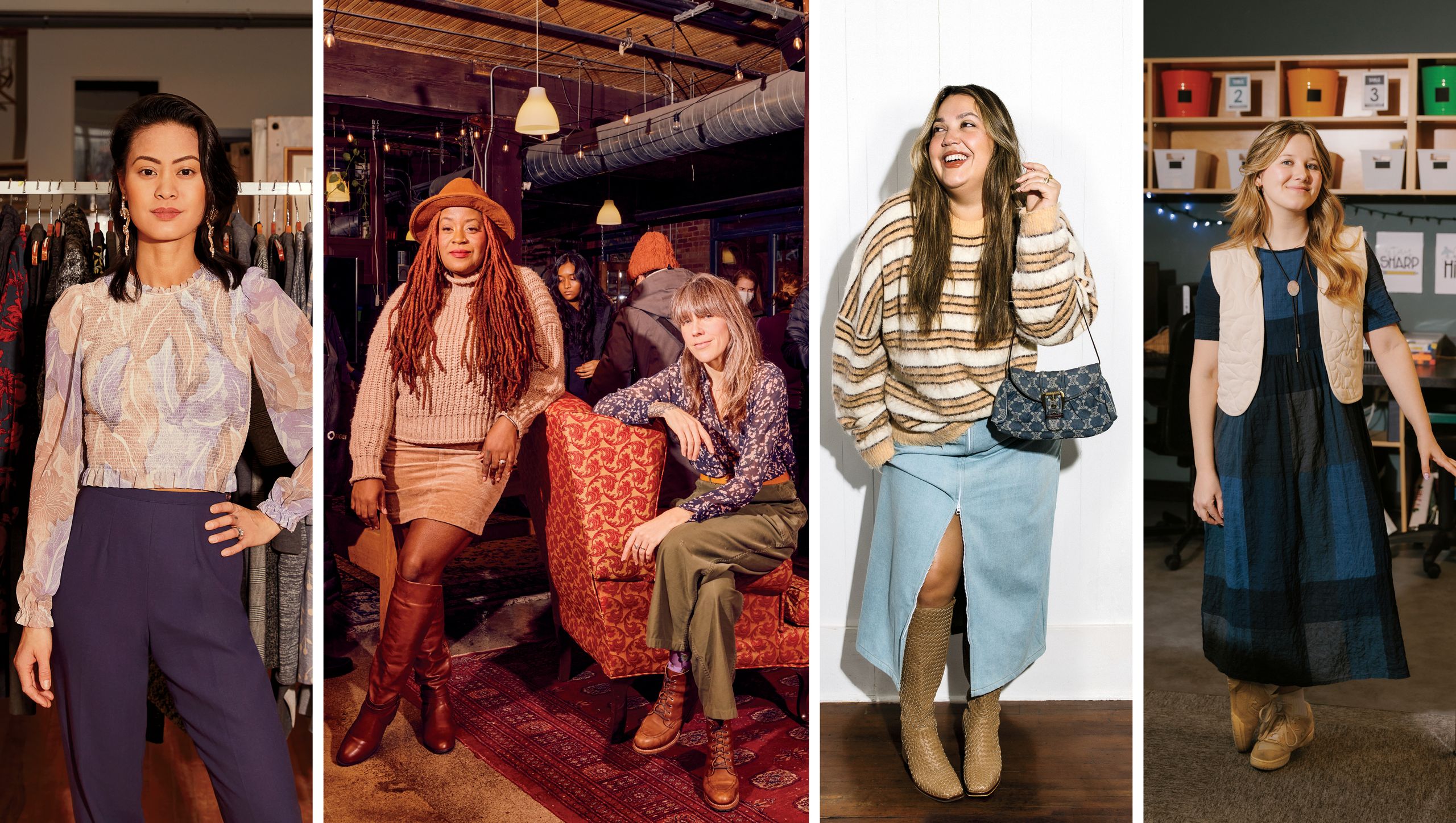A collage of women wearing stylish second-hand clothing for an article on the best new ways to refresh your wardrobe with second-hand clothing.