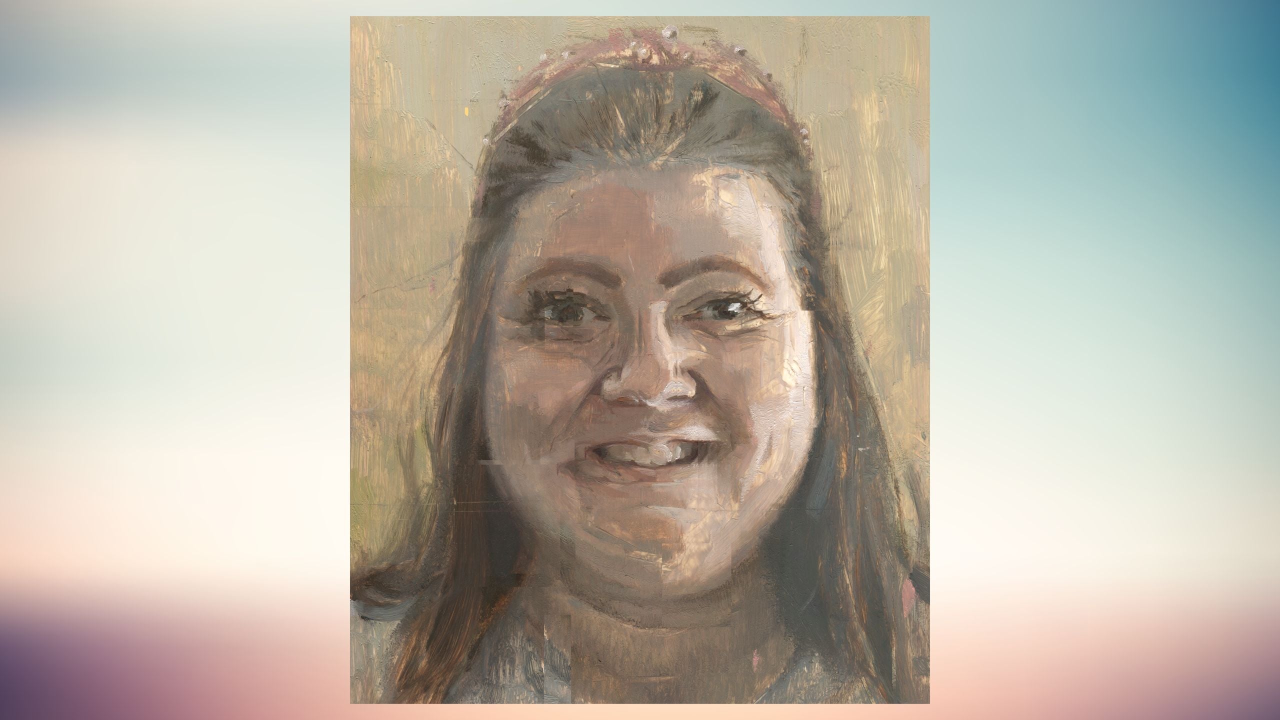A painting of a smiling Kaitlyn Braun, a Brantford, Ontario woman who scammed dozens of doulas across North America.