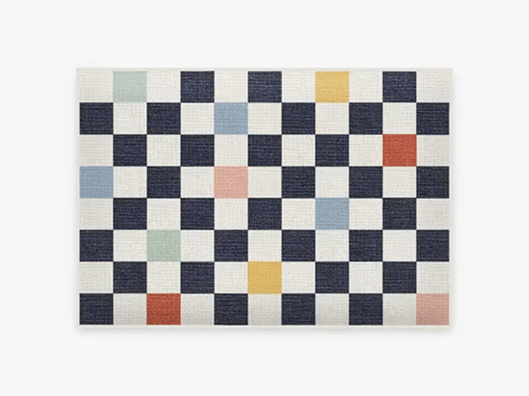 A checkerboard pattern Ruggable bath mat.