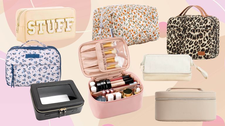A black makeup case with clear windows, one of the best makeup bags to shop for 2024.