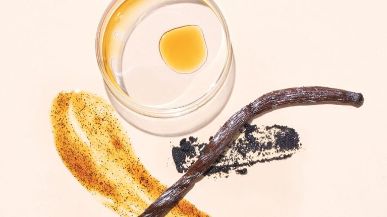 A demonstration of vanilla extract, whole bean, seeds, gel and pod for an explainer on the difference between these ingredients.