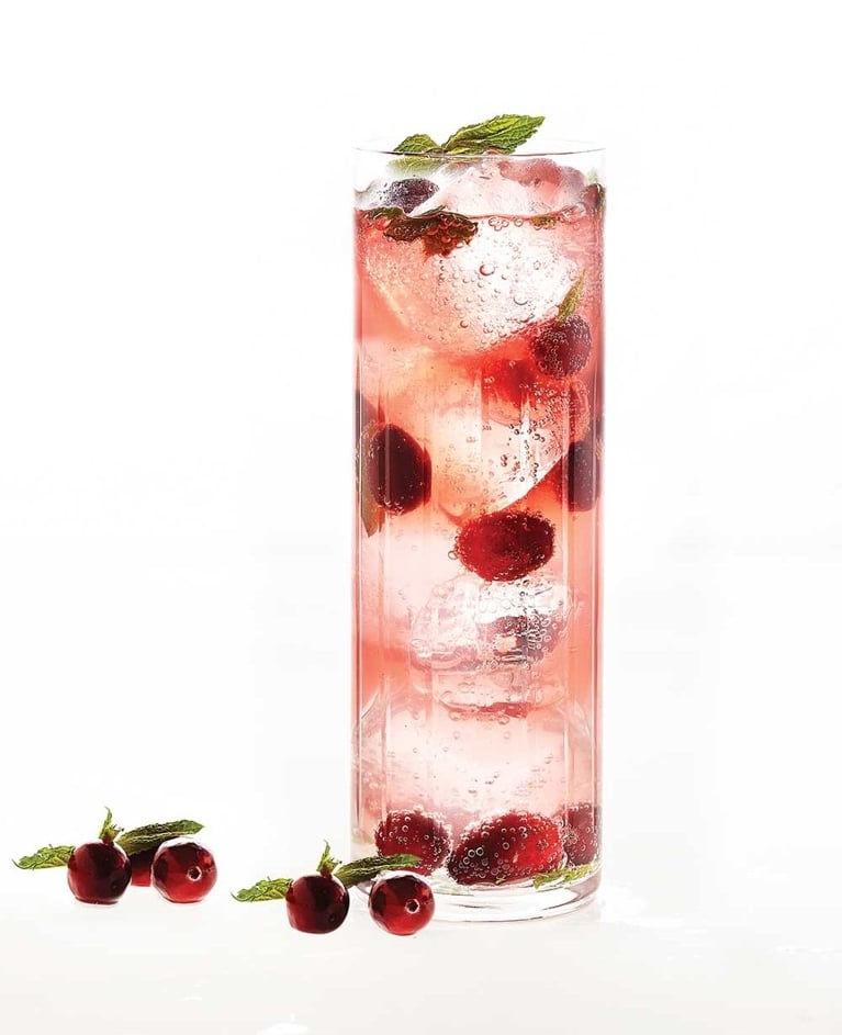 Cranberry-Ginger Cocktail garnished with fresh mint; fresh cranberries; lime juice; simple syrup; vodka; lemon bitters; ginger beer;