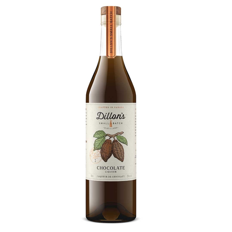 A bottle of Dillon's chocolate liqueur, with a white label with illustrations of cacao beans on it