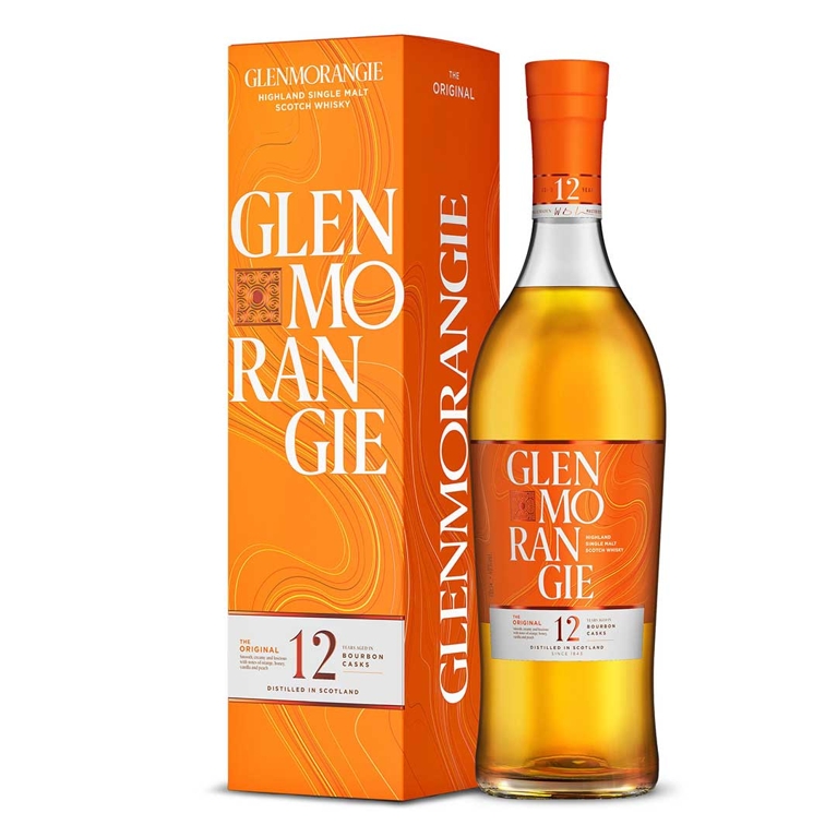 A bottle of Glenmorangie whisky next to an orange gift box that reads "Glenmorangie Highland Single Malt Scotch Whisky" aged for 12 years