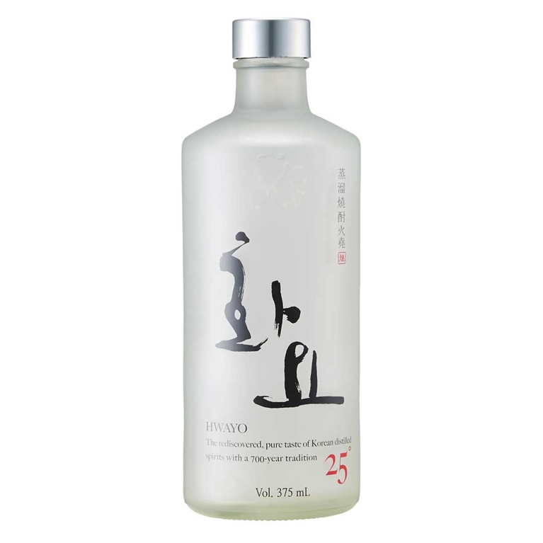 a bottle of Hwayo 25 Premium Soju with the words "the rediscovered, pure taste of Korean distilled spirits with a 700-year tradition"