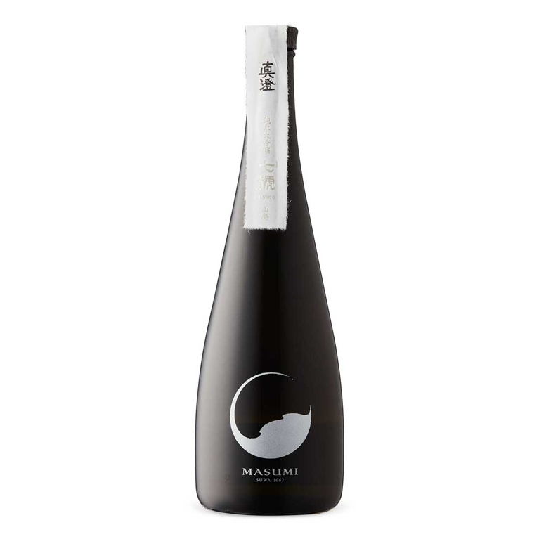 A bottle of Masumi Nanago Junmai Daiginjo Sake on a white background
