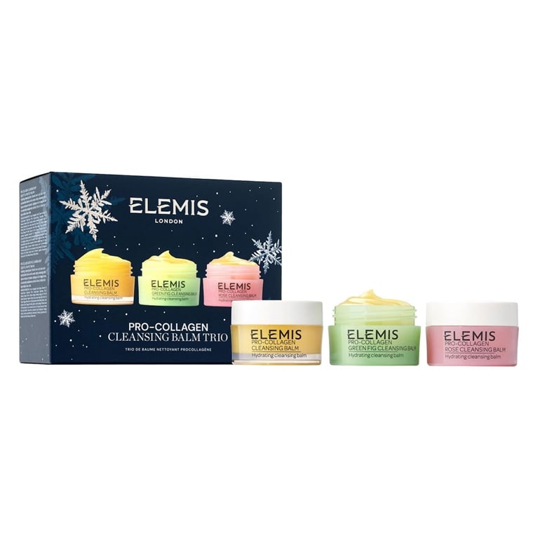 An Elemis Pro-Collagen Cleansing Balm Trio gift set for an article about the best holiday beauty gift sets for 2025.
