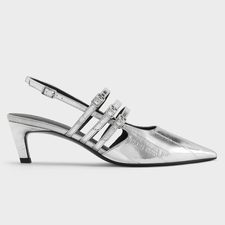 A pair of Charles & Keith silver shoes for an article about the silver shoe trend.