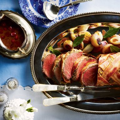 Bacon-Wrapped Tenderloin With Caramelized Shallots And Cranberry-Port Jus