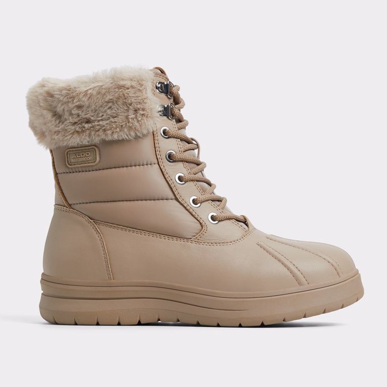 A pair of beige Aldo Chilly warm winter boots seen from the side for an article about warm stylish winter boots.