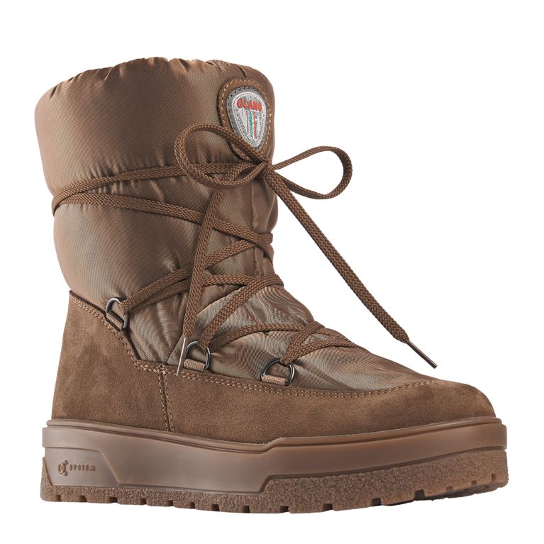 A pair of brown Olang Calixa warm winter boots seen from the side for an article about warm stylish winter boots.