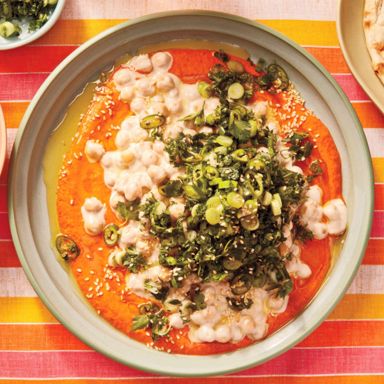 Herby Tahini Chickpeas With Red Pepper Sauce And Feta Cucumber Salad