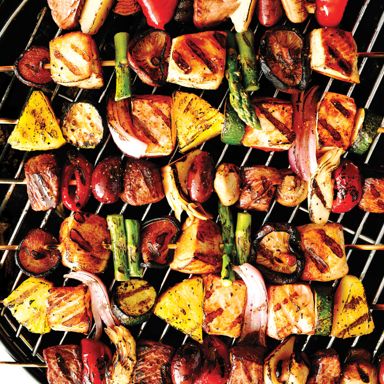 Salmon, Pineapple And Zucchini Skewers With Pineapple-Ginger Sauce