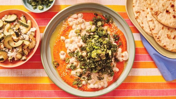 Herby Tahini Chickpeas With Red Pepper Sauce And Feta Cucumber Salad