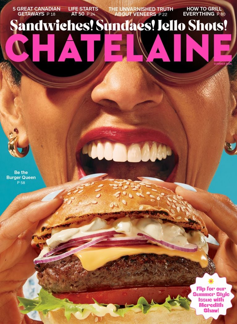 Chatelaine Summer 2026 cover, featuring a woman biting into a burger.