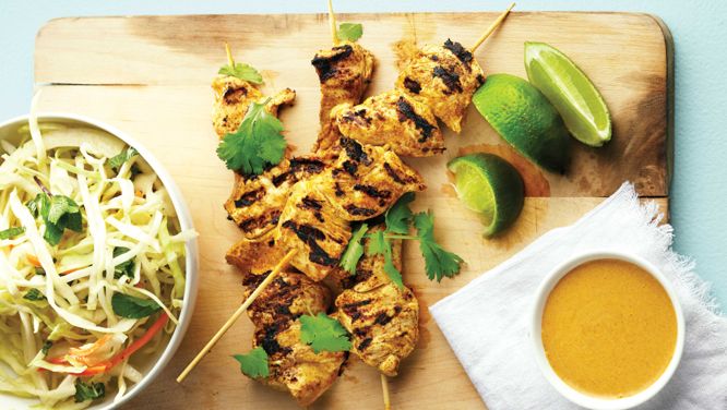 Curried Coconut-Chicken Skewers With Honey-Lime Coleslaw