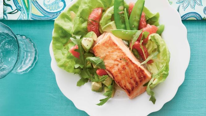 Seared-Salmon Salad With Ruby Grapefruit And Snow Peas