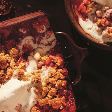 Strawberry Rhubarb Rose Tahini Crumble