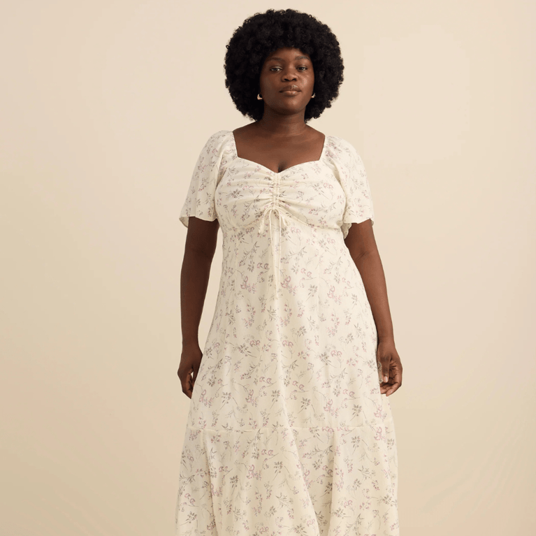 Canadian Floral Dresses: Addition Elle Sweetheart Neckline Midi Dress with Short Flutter Sleeves