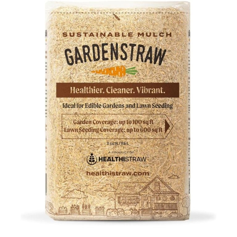 20-pound bag of light brown Gardenstraw mulch, with "healthier. cleaner. vibrant." written on the packaging and sketches of a house and porch on the bottom of package