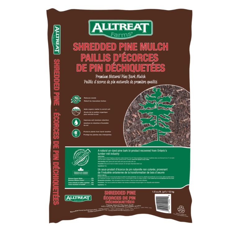 Brown packet of shredded pine mulch by AllTreat Farms written in red and all caps