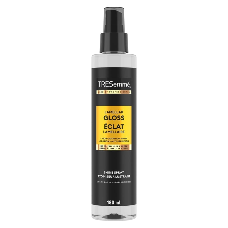 A black and yellow bottle of TresEmmé Lamellar Gloss Shine Spray on white background for an article about the best hair gloss treatments.