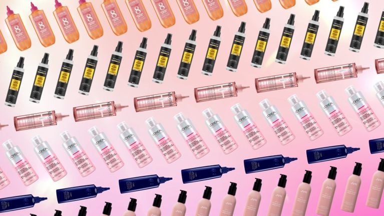 A collage of hair gloss bottles on a pink background for an article about the best hair gloss treatments.