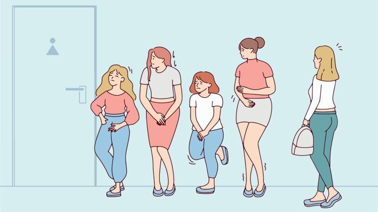 Illustration of women waiting in line for the bathroom