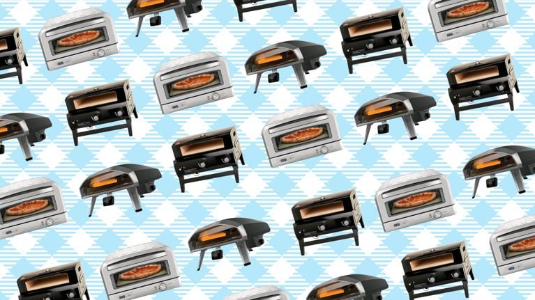 Various brands of pizza ovens appear on a light blue gingham check background.