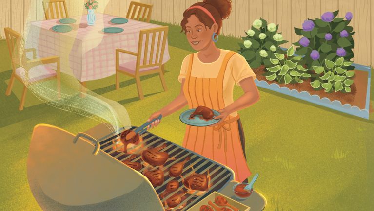 An illustration of a woman wearing a striped apron is grilling marinated chicken quarters on a gas grill in her backyard.