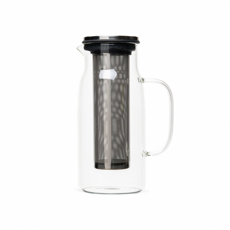 A glass tea pitcher with a stainless steel mesh insert for brewing hot and cold tea.