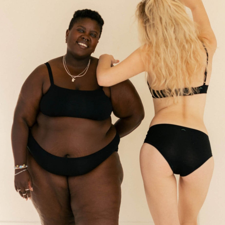 Two models wearing the best overall underwear from Huha for an article about the best Canadian underwear for women.