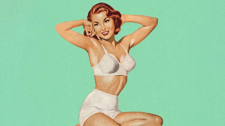A vintage photo of pin-up model on a green background, for a story about having the best sex in your 40s.